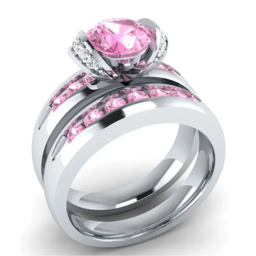 New Sterling Silver Pink & White Sapphires 2pc Ring Set